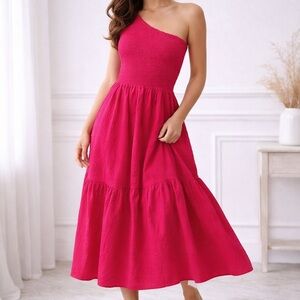 And Now This One Shoulder barbie Pink Midi Dress Size M Smocked Cotton Summer